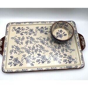 TempTations by Tara Blue Floral Lace Pattern Serving Tray And Small Bowl